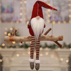 Festive Red Holiday Gnome on a swing, Christmas Decorations